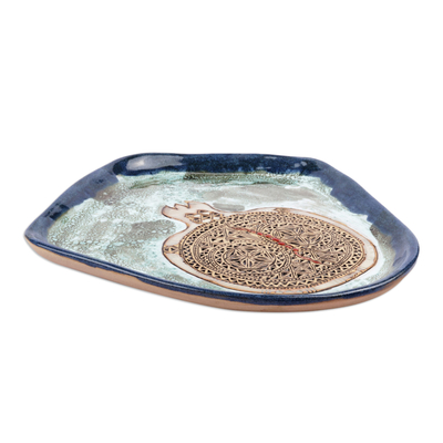 Glasierte Keramikplatte - Blaue und türkisfarbene Keramikplatte mit Granatapfelmotiv