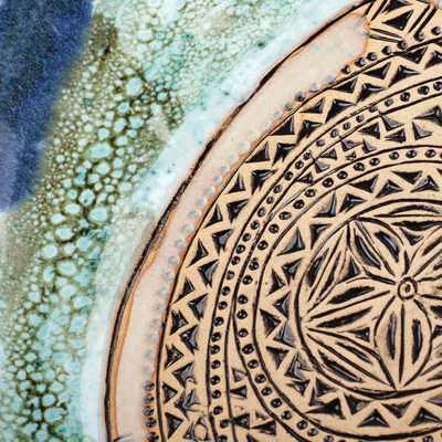 Glazed ceramic platter, 'Blue Prophecy' - Blue and Turquoise Ceramic Platter with Pomegranate Motif