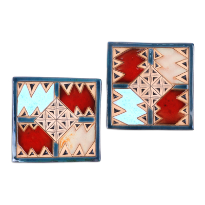 Ceramic coasters, 'Blue Metropolis' (pair) - Pair of Handcrafted Ceramic Coasters in Blue and Red Hues