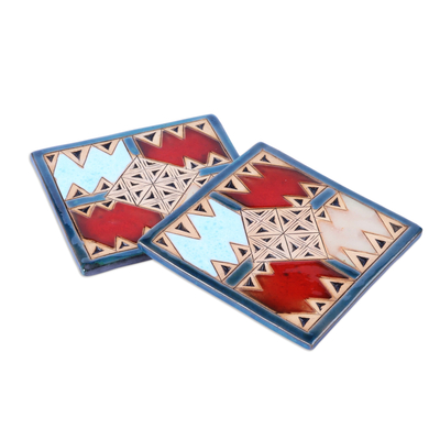Ceramic coasters, 'Blue Metropolis' (pair) - Pair of Handcrafted Ceramic Coasters in Blue and Red Hues