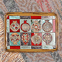 Glazed ceramic platter, 'Geometrical Omens' - Pomegranate-Themed Geometric Glazed Ceramic Platter
