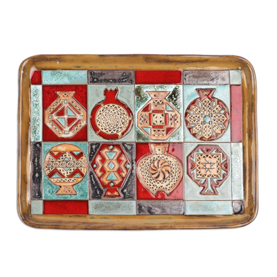 Plato de cerámica esmaltada - Plato de cerámica vidriada geométrica con temática de granada