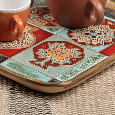 Glazed ceramic platter, 'Geometrical Omens' - Pomegranate-Themed Geometric Glazed Ceramic Platter