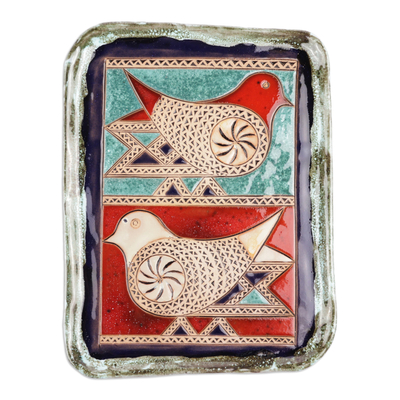 Glazed ceramic platter, 'Poetry Birds' - Bird-Themed Glazed Red and Turquoise Ceramic Platter