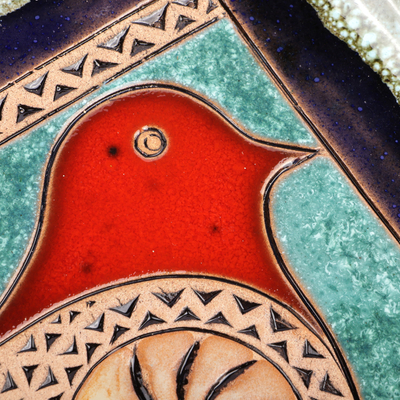 Plato de cerámica esmaltada - Plato de cerámica esmaltada en rojo y turquesa con temática de pájaros