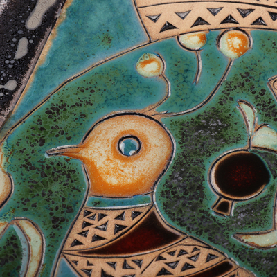 Glazed ceramic platter, 'Majestic Pond' - Bird-Themed Glazed Green and Brown Ceramic Platter
