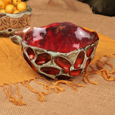 Cuenco de cerámica esmaltada - Cuenco de cerámica esmaltada en forma de granada en color carmesí