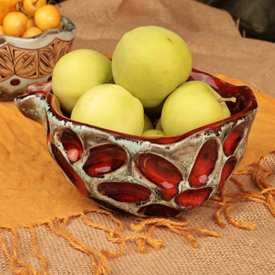 Glazed ceramic bowl, 'Crimson Core' - Pomegranate-Shaped Glazed Crimson Ceramic Bowl