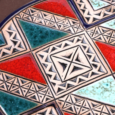 Ceramic and wood wall art, 'Spiritual Richness' - Handmade Geometric Multicolour Ceramic Pomegranate Wall Art