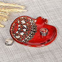 Ceramic catchalls, 'Vibrant Red Pomegranate' (pair) - 2 Glazed Ceramic Pomegranate Catchalls in Red White & Grey