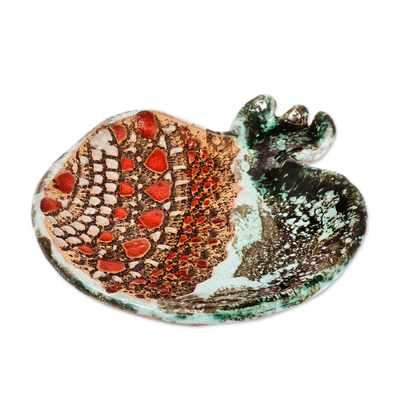 Mini-Keramik-Fänger, „From the Lagoon“ (Paar) - Paar türkisfarbene und rote Keramik-Granatapfel-Catchalls
