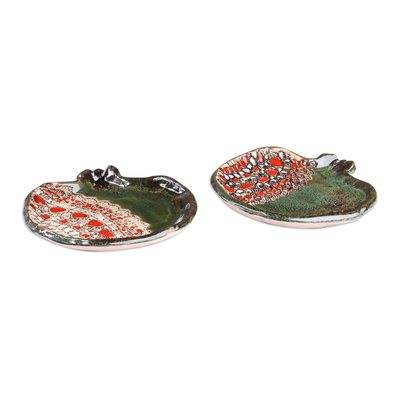 Cajones de cerámica, (par) - Par de Catchalls de granada de cerámica esmaltada en verde