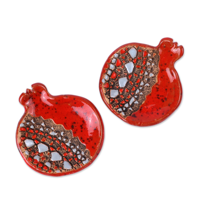 Ceramic catchalls, 'Sweet Pomegranate' (pair) - Pair of Red and Grey Glazed Ceramic Pomegranate Catchalls