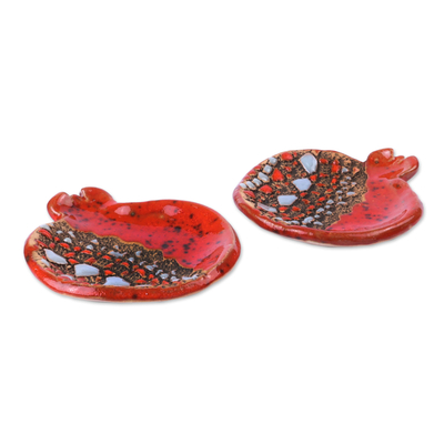 Ceramic catchalls, 'Sweet Pomegranate' (pair) - Pair of Red and Grey Glazed Ceramic Pomegranate Catchalls