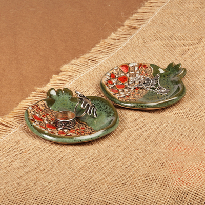 Mini ceramic catchalls, 'From the Forest' (pair) - Pair of Glazed Green and Red Ceramic Pomegranate Catchalls