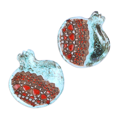 Ceramic catchalls, 'From the Sky' (pair) - Pair of Glazed Aqua and Red Ceramic Pomegranate Catchalls