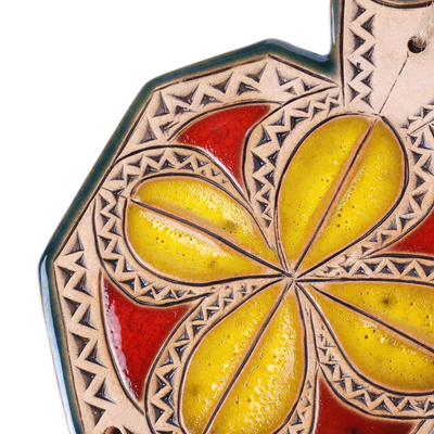 Ceramic windchime, 'Prosperity Melodies' - Floral Pomegranate-Shaped Ceramic Windchime in Yellow