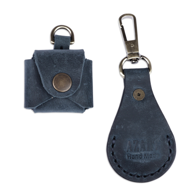 Leather earbud holder and key fob set, 'Personal Style in Blue' - 100% Blue Leather Earbud Holder and Keychain Set