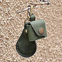 Leather earbud holder and keychain set, 'Lucky Melody in Green' - 100% Green Leather Earbud Holder and Keychain Set