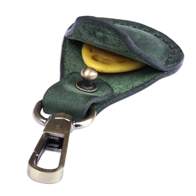 Leather earbud holder and keychain set, 'Lucky Melody in Green' - 100% Green Leather Earbud Holder and Keychain Set