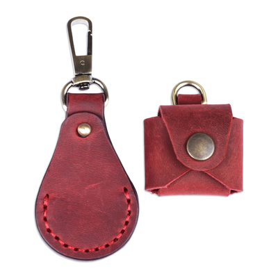 Leather earbud holder and keychain set, 'Lucky Melody in Red' - 100% Red Leather Earbud Holder and Keychain Set