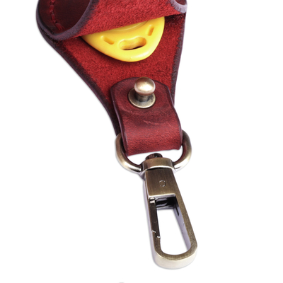 Leather earbud holder and keychain set, 'Lucky Melody in Red' - 100% Red Leather Earbud Holder and Keychain Set