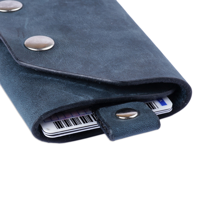 Men's tri-fold leather wallet, 'Modern Flair in Blue' - Armenian Handmade Men's Tri-Fold Leather Wallet in Blue