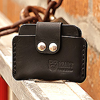 Leather card holder, 'Double Fortune in Black' - Handmade Black Leather Card Holder with Double Snap Closure