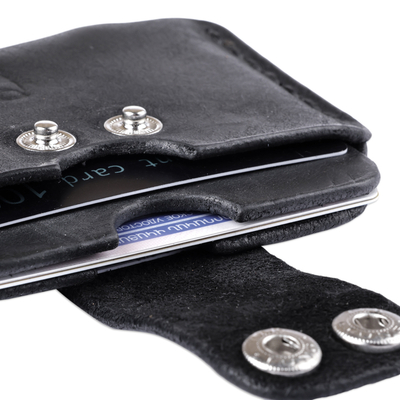 Leather card holder, 'Double Fortune in Black' - Handmade Black Leather Card Holder with Double Snap Closure