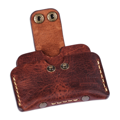 Leather card holder, 'Double Fortune in Brown' - Handmade Brown Leather Card Holder with Double Snap Closure