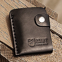 Leather card holder, 'Minimalist Fortune in Black' - Black Leather Card Holder with Snap Closure Made in Armenia