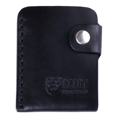 Leather card holder, 'Minimalist Fortune in Black' - Black Leather Card Holder with Snap Closure Made in Armenia