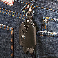 Leather keychain, 'Night Knight in Black' - Bat-Themed 100% Black Leather Keychain from Armenia