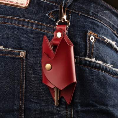 Leather keychain, 'Night Knight in Red' - Bat-Themed 100% Red Leather Keychain from Armenia