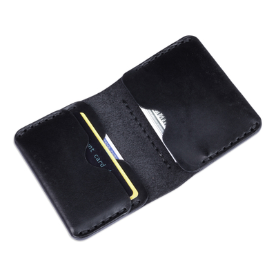Leather wallet, 'Dark Treasury' - 100% Black Leather Wallet with Front Coin Pocket