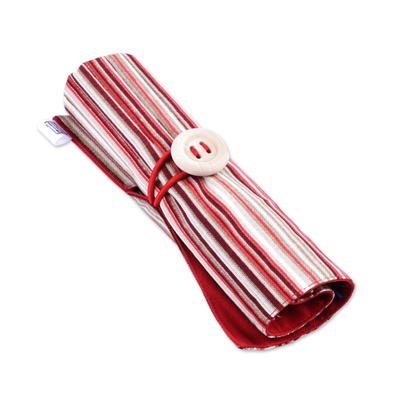 Wooden colored pencils set and cotton case, 'Creative Crimson' - Wooden Colored Pencil Set and Red Cotton Roll Case