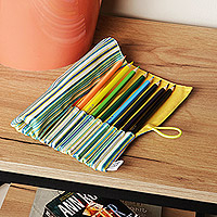 Wooden coloured pencils set and cotton case, 'Creative Sunshine' - Wooden coloured Pencil Set and Yellow Cotton Roll Case