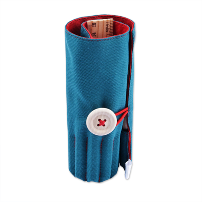Wooden coloured pencils set and cotton case, 'Passion Palette' - Wooden coloured Pencil Set with Teal and Red Cotton Roll Case