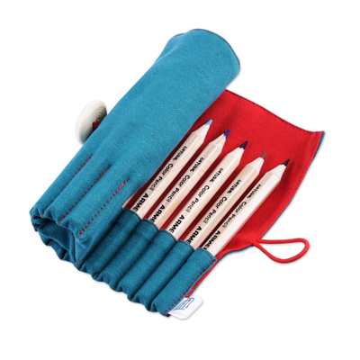 Wooden colored pencils set and cotton case, 'Passion Palette' - Wooden Colored Pencil Set with Teal and Red Cotton Roll Case