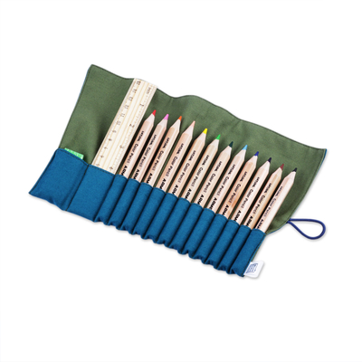 Wooden colored pencils set and cotton case, 'Harmony Palette' - Wooden Colored Pencil Set with Teal and Green Cotton Case