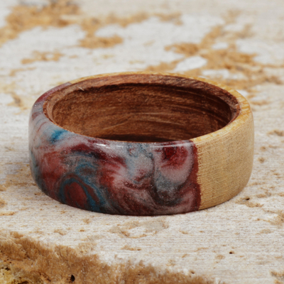 Wood band ring, 'Evening Thoughts' - Hand-Carved Apricot Wood Band Ring in Blue and Red Hues