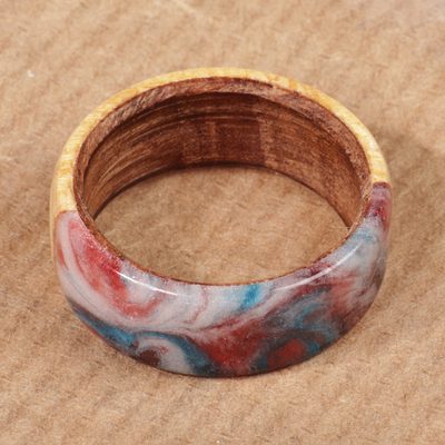 Wood band ring, 'Evening Thoughts' - Hand-Carved Apricot Wood Band Ring in Blue and Red Hues
