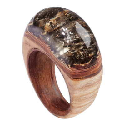 Wood and resin domed ring, 'Hypnotic Allure' - Handcrafted Wood and Resin Domed Ring in Brown and Black