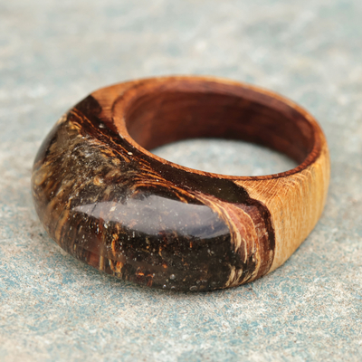 Wood and resin domed ring, 'Hypnotic Allure' - Handcrafted Wood and Resin Domed Ring in Brown and Black