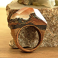 Wood and resin cocktail ring, 'Mesmerizing Beauty' - Apricot Wood and Resin Cocktail Ring Handcrafted in Armenia