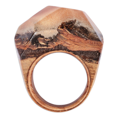 Wood and resin cocktail ring, 'Mesmerizing Beauty' - Apricot Wood and Resin Cocktail Ring Handcrafted in Armenia