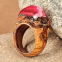 Wood and resin domed ring, 'Pink Spectacle' - Handcrafted Wood and Resin Domed Ring in Pink and White
