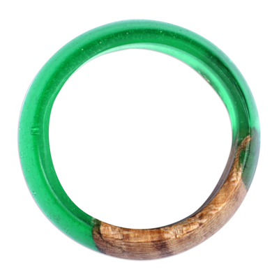 Wood and resin band ring, 'Chic Green' - Handcrafted Apricot Wood and Resin Band Ring in Green