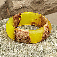 Wood and resin band ring, 'Chic Yellow' - Handcrafted Apricot Wood and Resin Band Ring in Yellow
