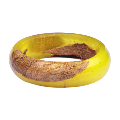 Wood and resin band ring, 'Chic Yellow' - Handcrafted Apricot Wood and Resin Band Ring in Yellow